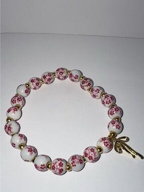 Coquette Floral Porcelain Bead Bracelet | 14K Gold Bow Charm Stretch